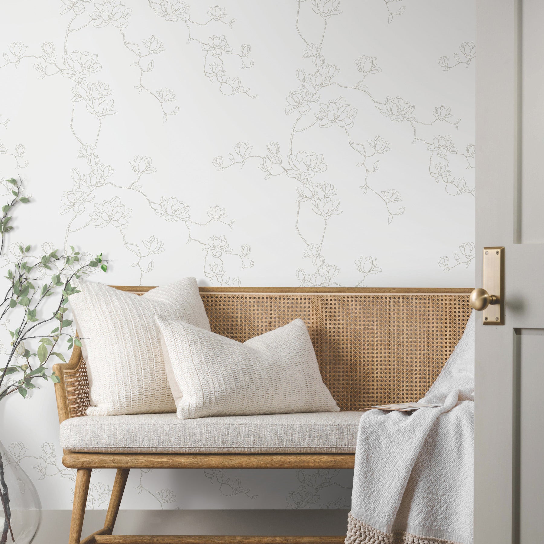 Magnolia Branches Wallpaper in beige shown in room
