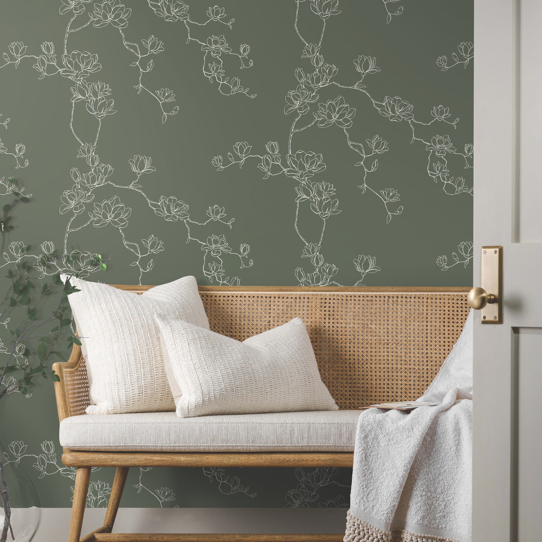 Magnolia Branches Wallpaper in pine shown in room