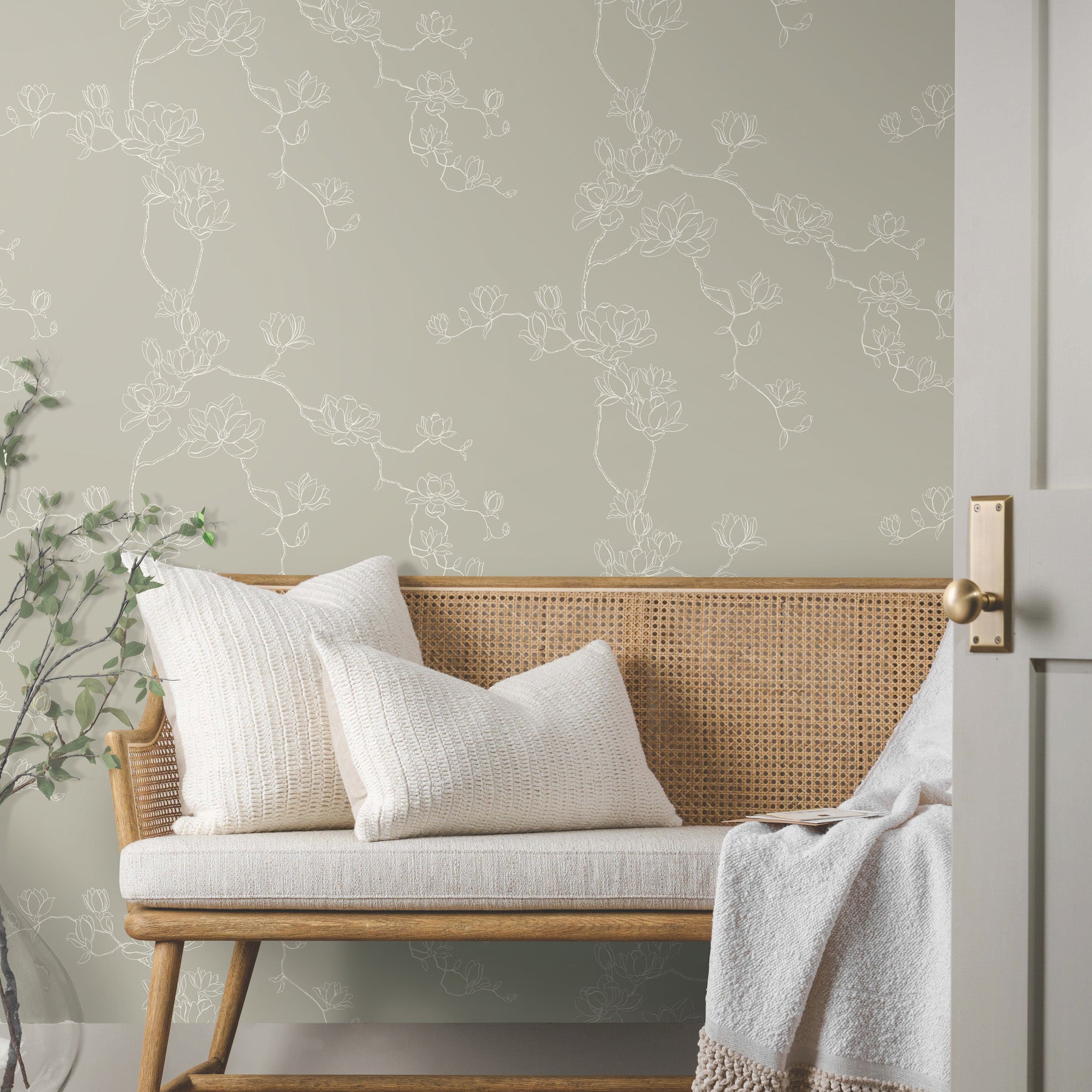 Magnolia Branches Wallpaper in taupe shown in room