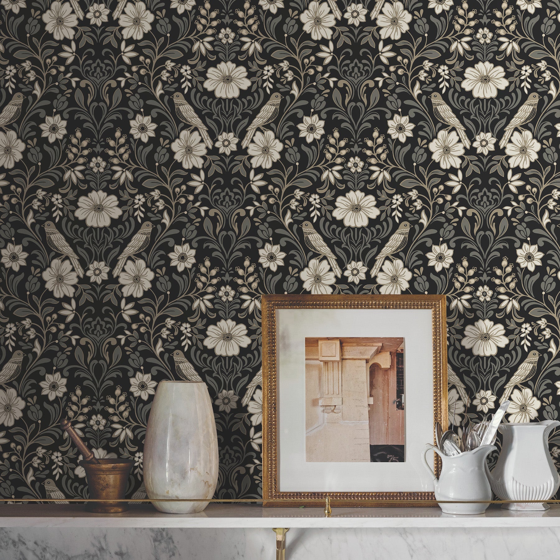Colette Wallpaper in Black shown on wall