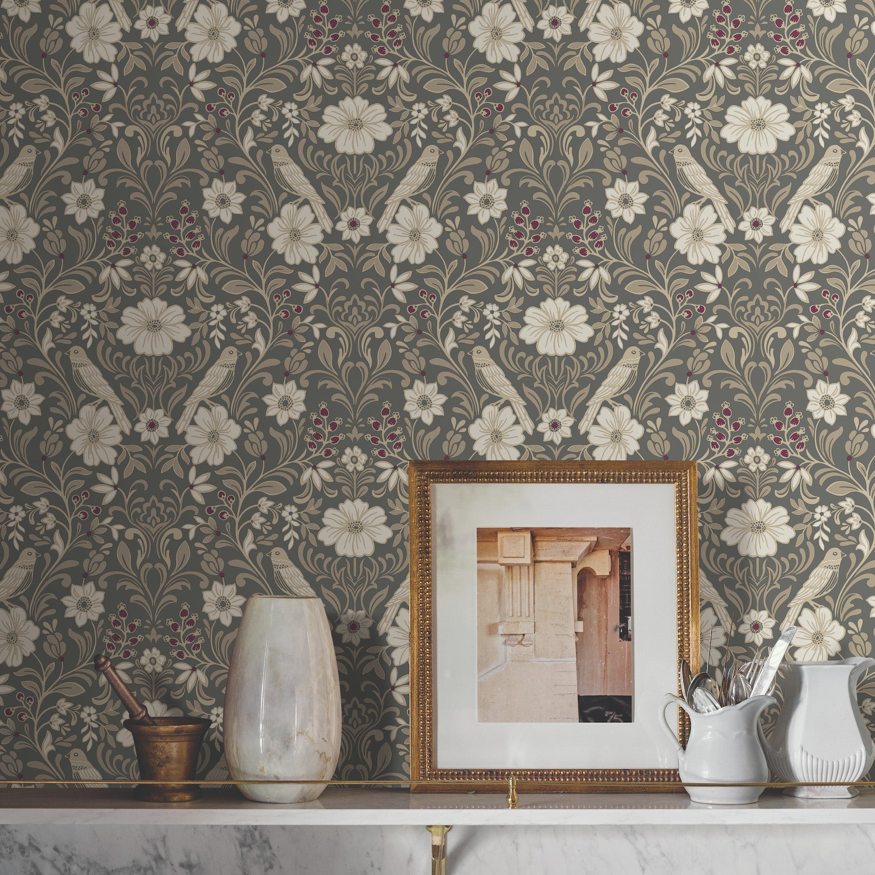 Colette Wallpaper in charcoal shown on wall