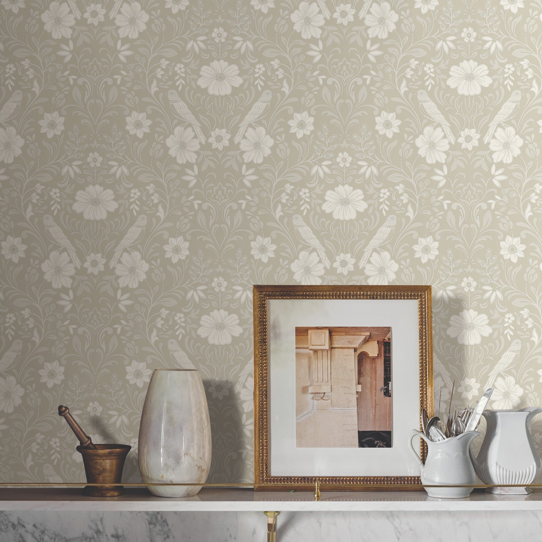 Colette Wallpaper in linen shown on wall