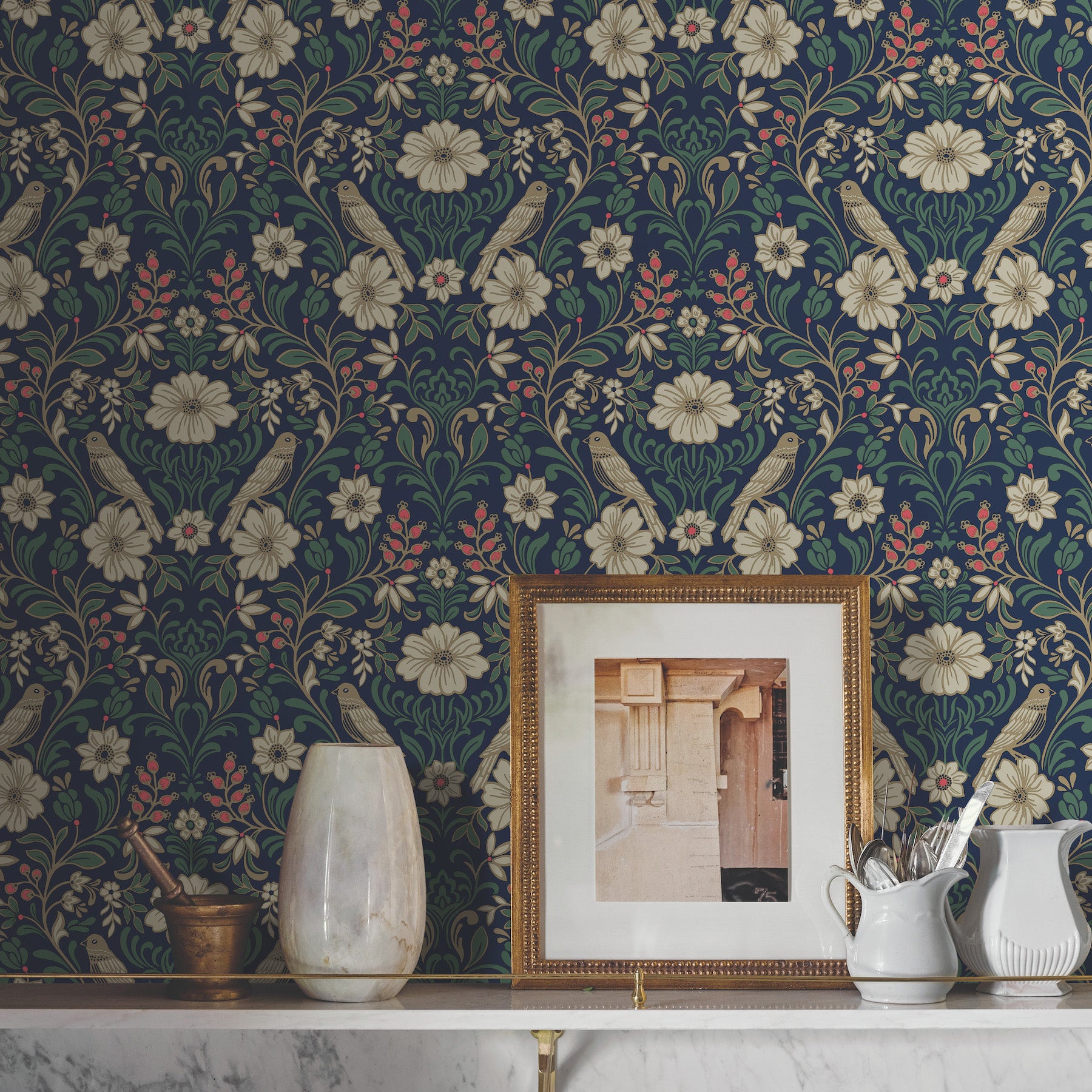 Colette Wallpaper in navy shown on wall