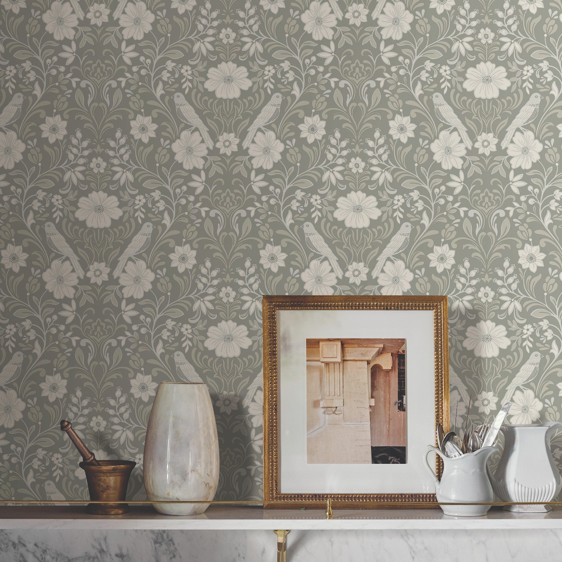 Colette Wallpaper in grey shown on wall