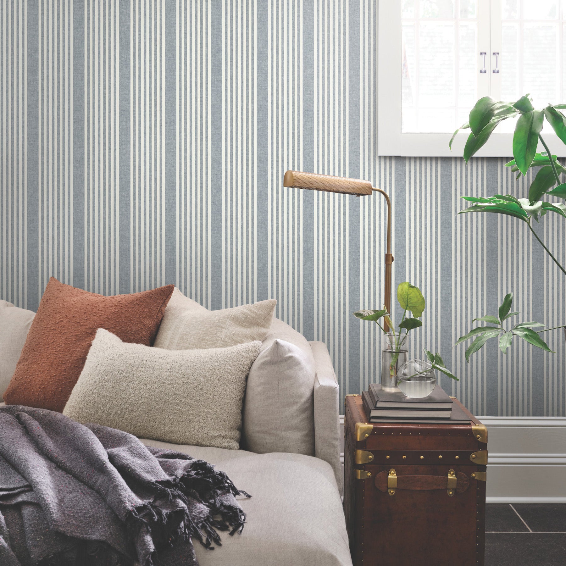 French Linen Stripe Wallpaper in navy shown in room