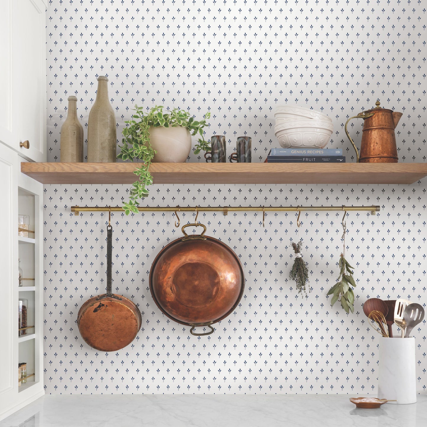 Charm Wallpaper in navy shown in room