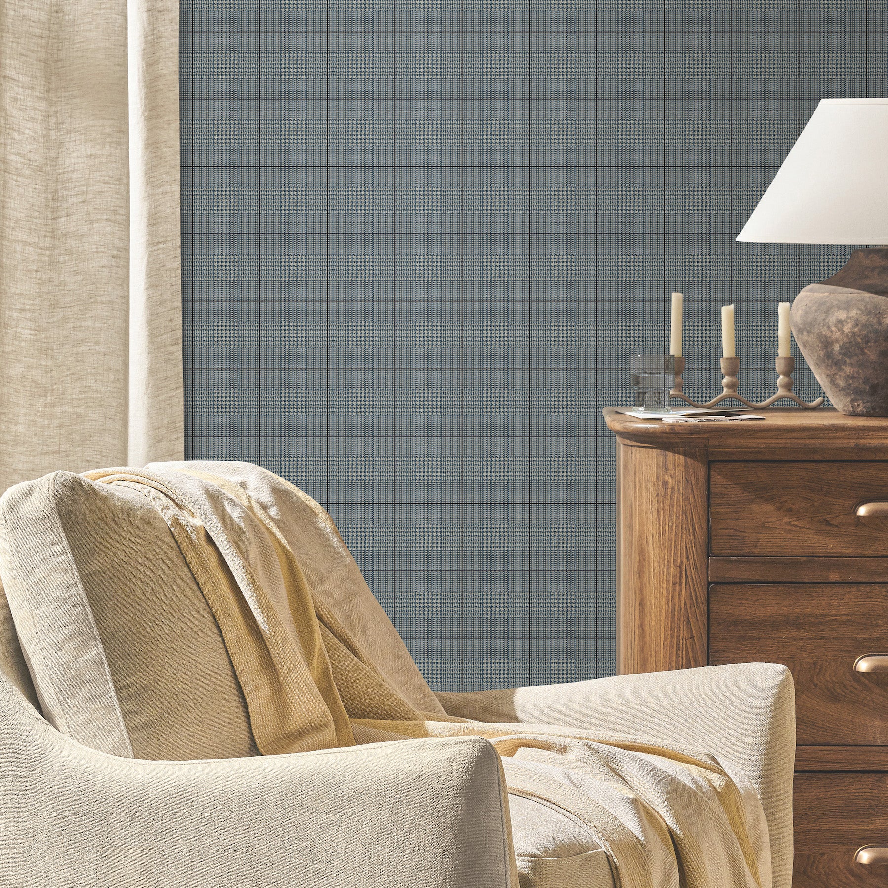 Windsor Wallpaper in blue shown on wall