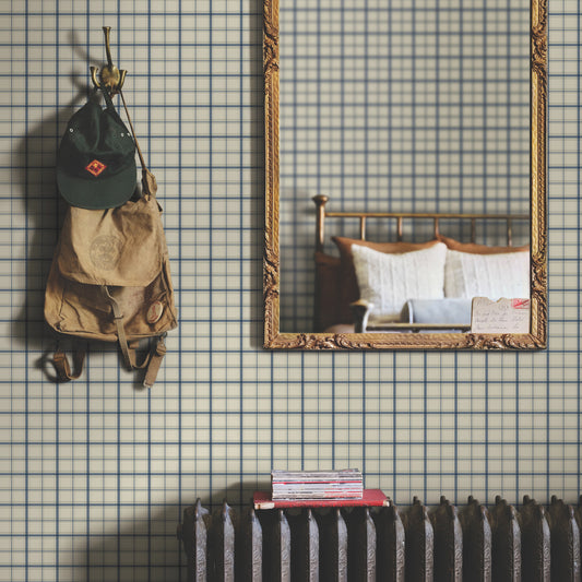 Hunter Wallpaper in blue shown on wall