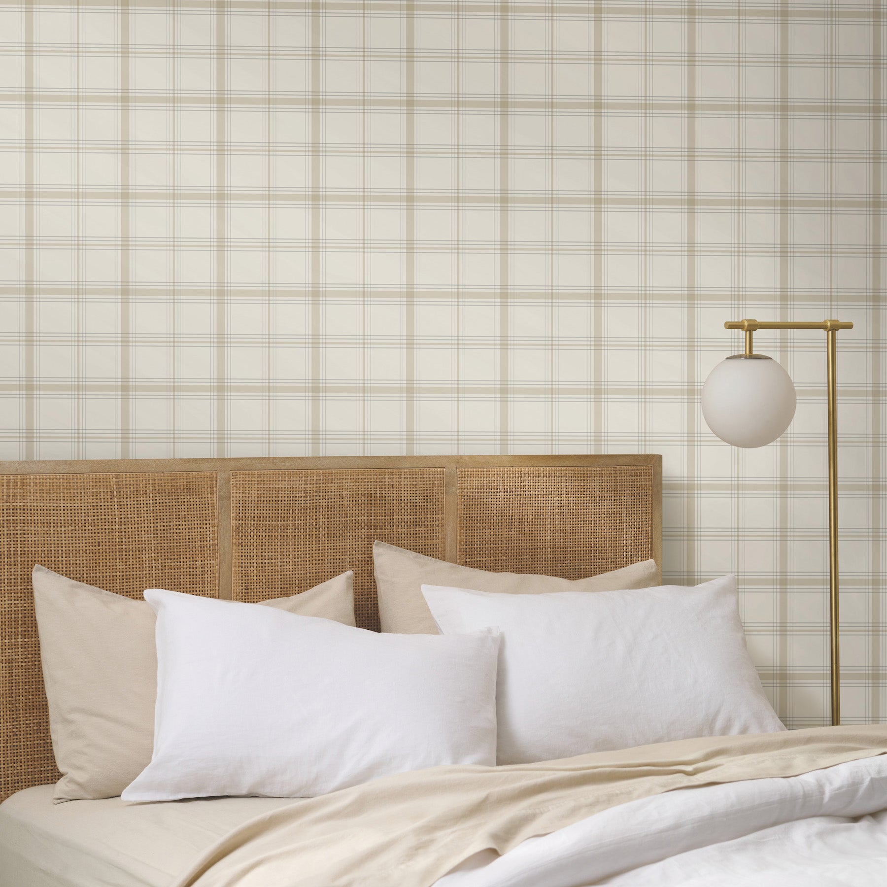 Hunter Wallpaper in neutral shown on wall in bedroom