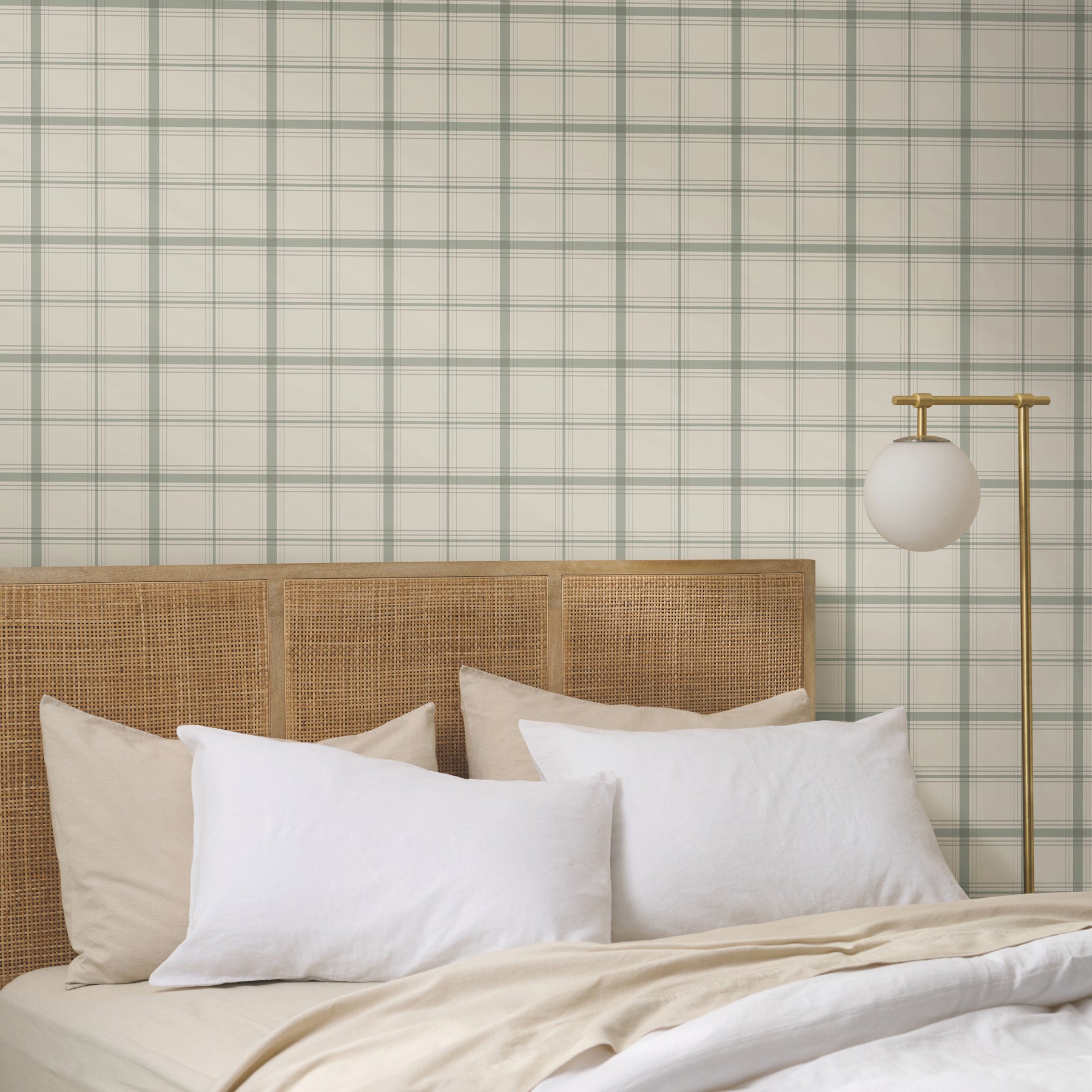 Hunter Wallpaper in green shown on wall in bedroom