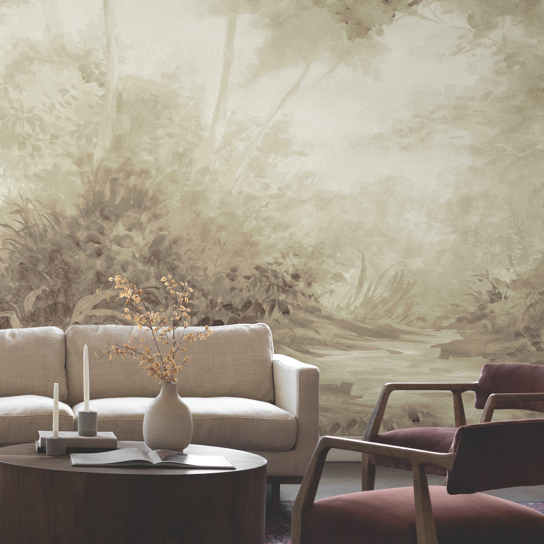 Woodlands Mural Wallpaper in sepia shown on wall