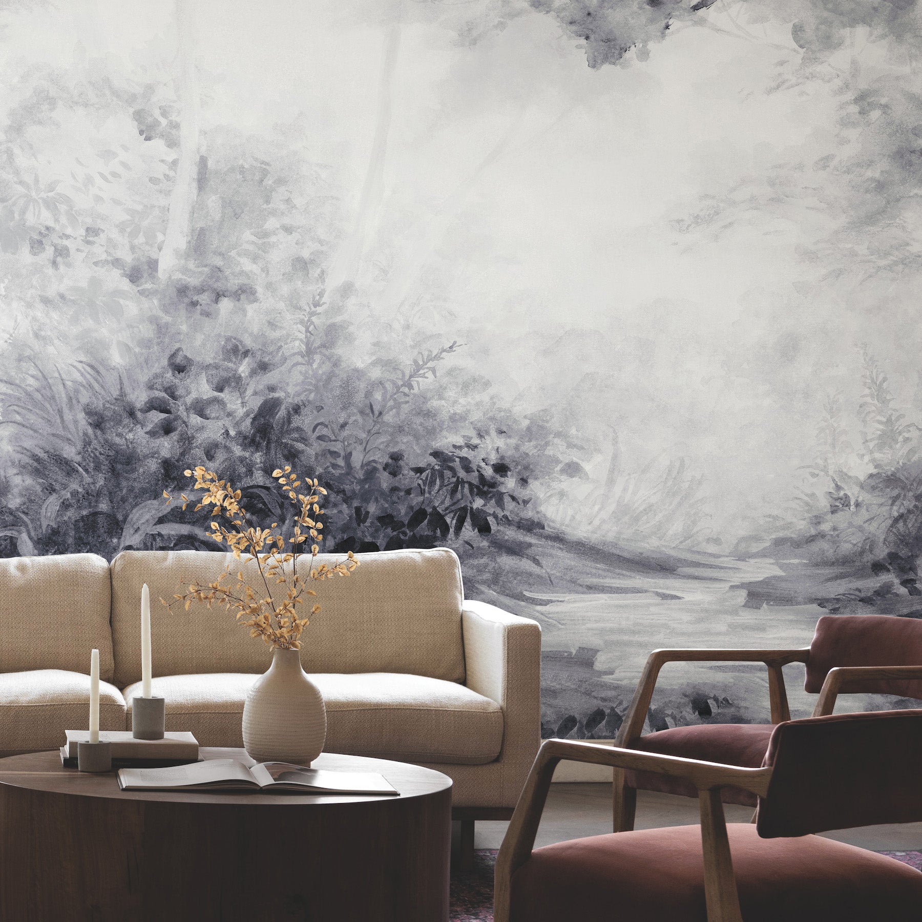 Woodlands Mural Wallpaper in black and white shown on wall
