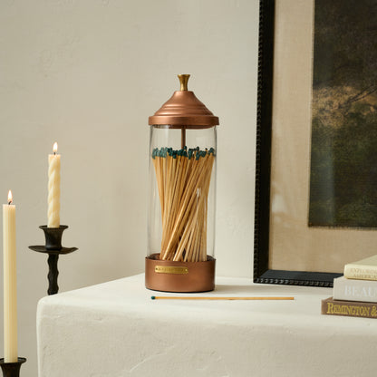 Magnolia Copper Fireplace Matchsticks shown on mantel