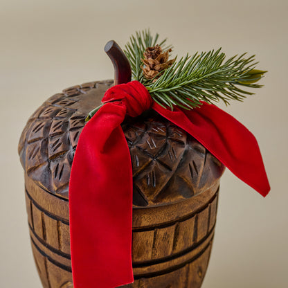 Hand-Carved Frosted Pine Acorn Candle up close
