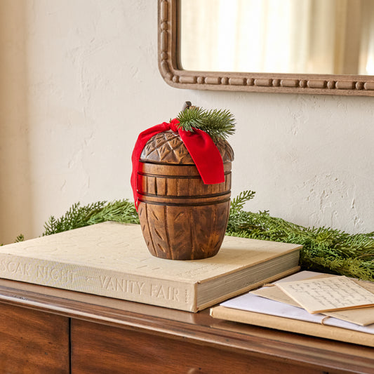 Hand-Carved Frosted Pine Acorn Candle shown styled