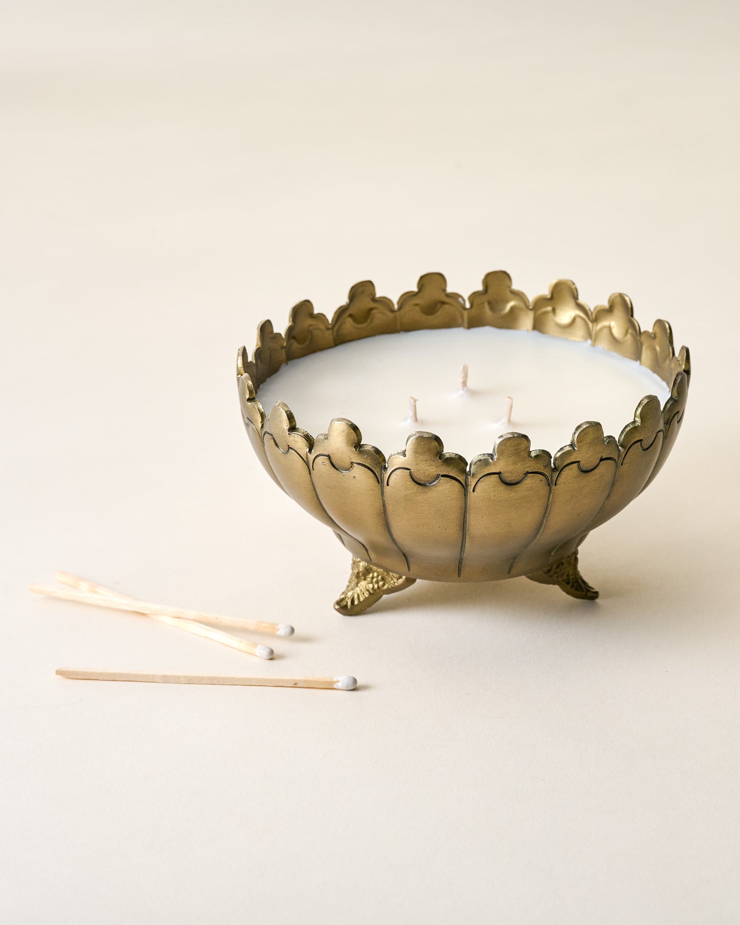 Antique Brass Footed Candle Bowl with matches
