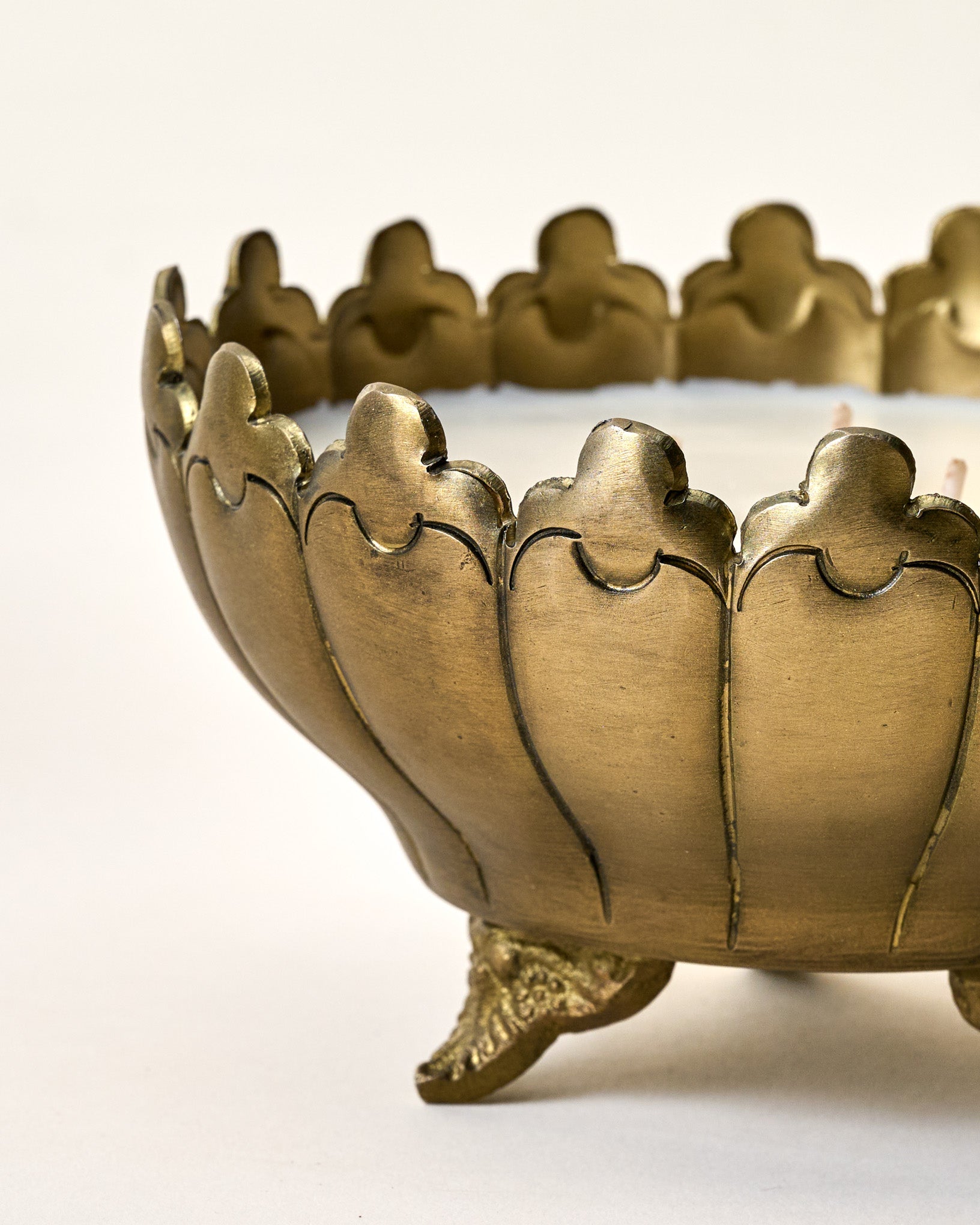 Antique Brass Footed Candle Bowl close up