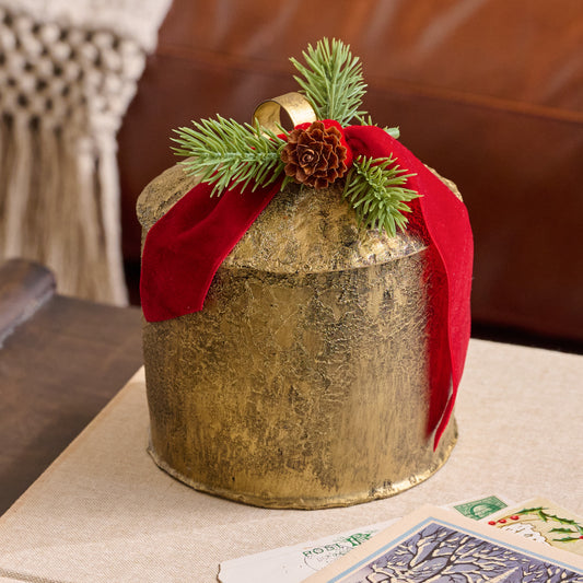 Aged Brass Yuletide Spice Bell Candle shown styled
