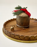 Magnolia Antique Brass Bell Candle on wood tray with snuffer