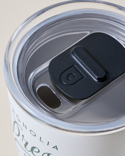 MAGNOLIA PRESS 16 OZ STAINLESS STEEL WHITE ROAM close up of lid