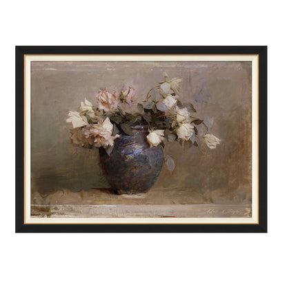 Framed wall art called collected roses shows antiqued black vase with blooming roses