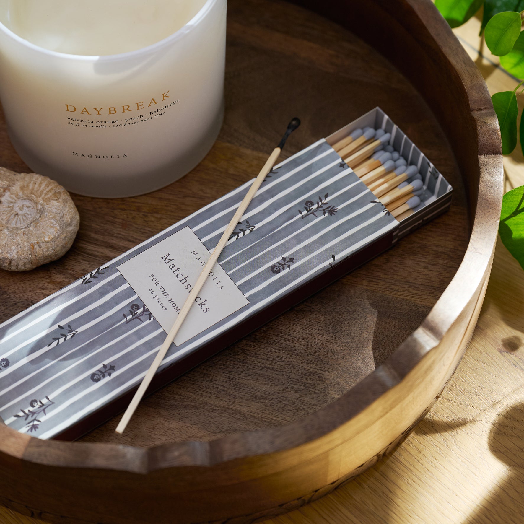 Decorative Matches - Blue on round wood tray with Daybreak candle