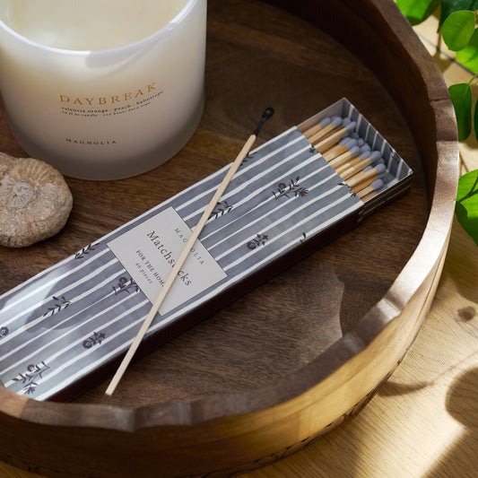 Decorative Matches - Blue on round wood tray with Daybreak candle