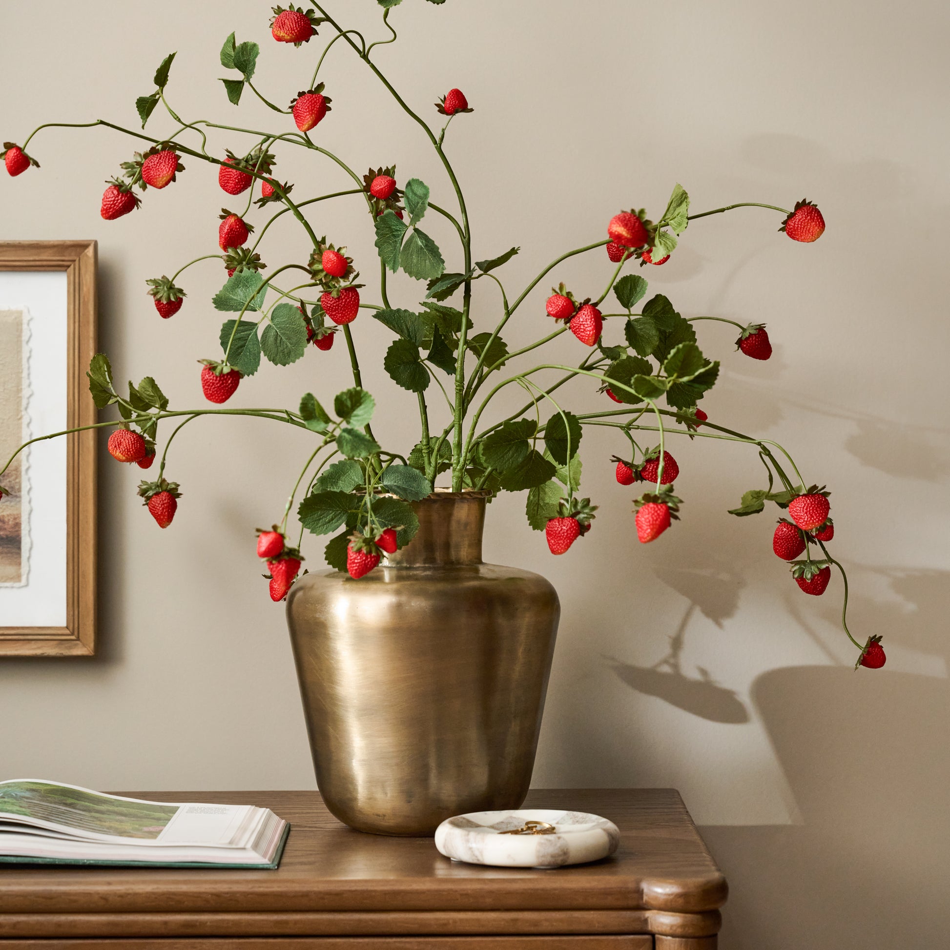 Antiqued Brass Banks Vase shown with strawberry stems