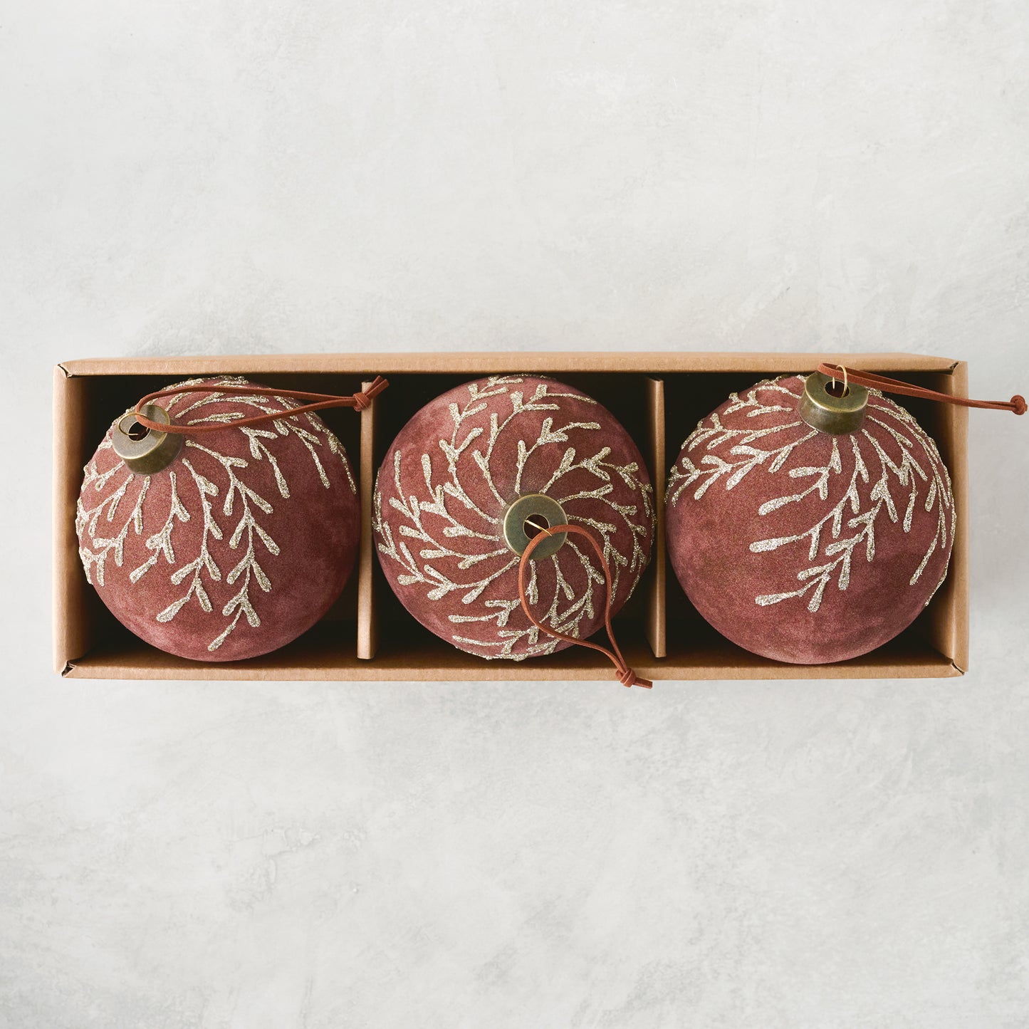 Flocked Floral Glitter Ornament, Set of 3 in chestnut color shown in box