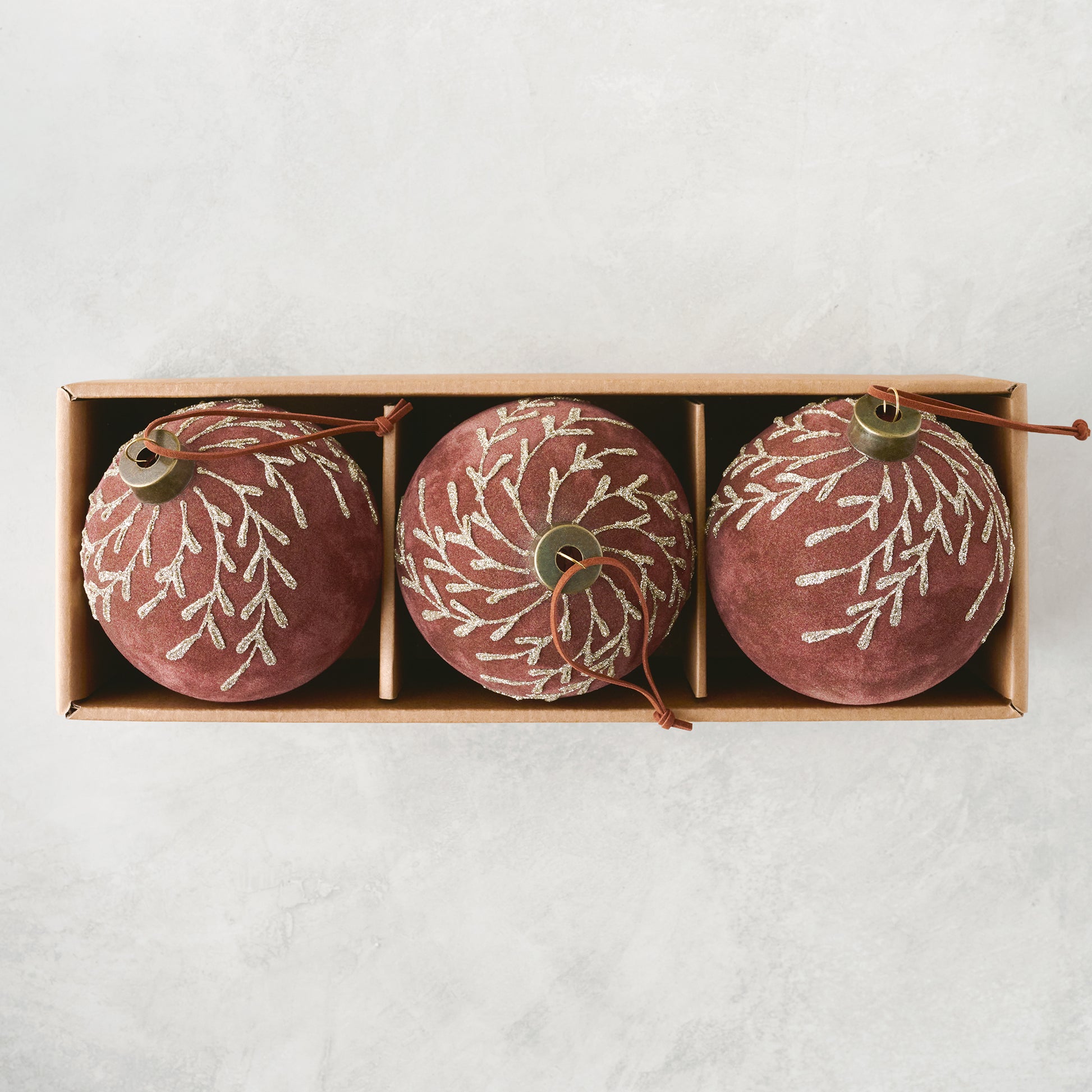 Flocked Floral Glitter Ornament, Set of 3 in chestnut color shown in box
