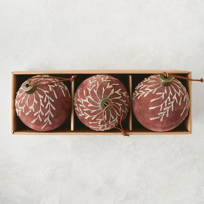 Flocked Floral Glitter Ornament, Set of 3 in chestnut color shown in box