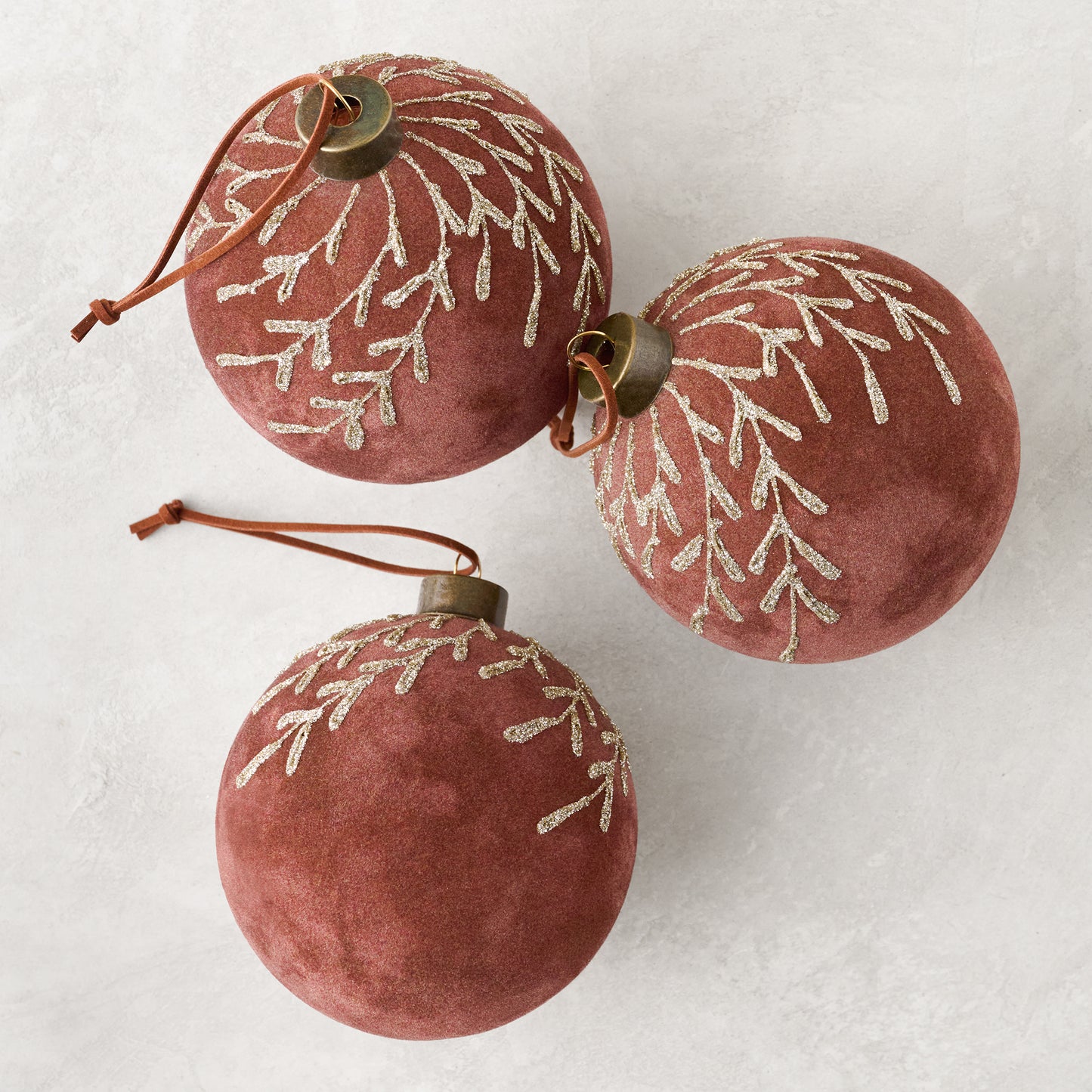 Flocked Floral Glitter Ornament, Set of 3 in Chestnut color