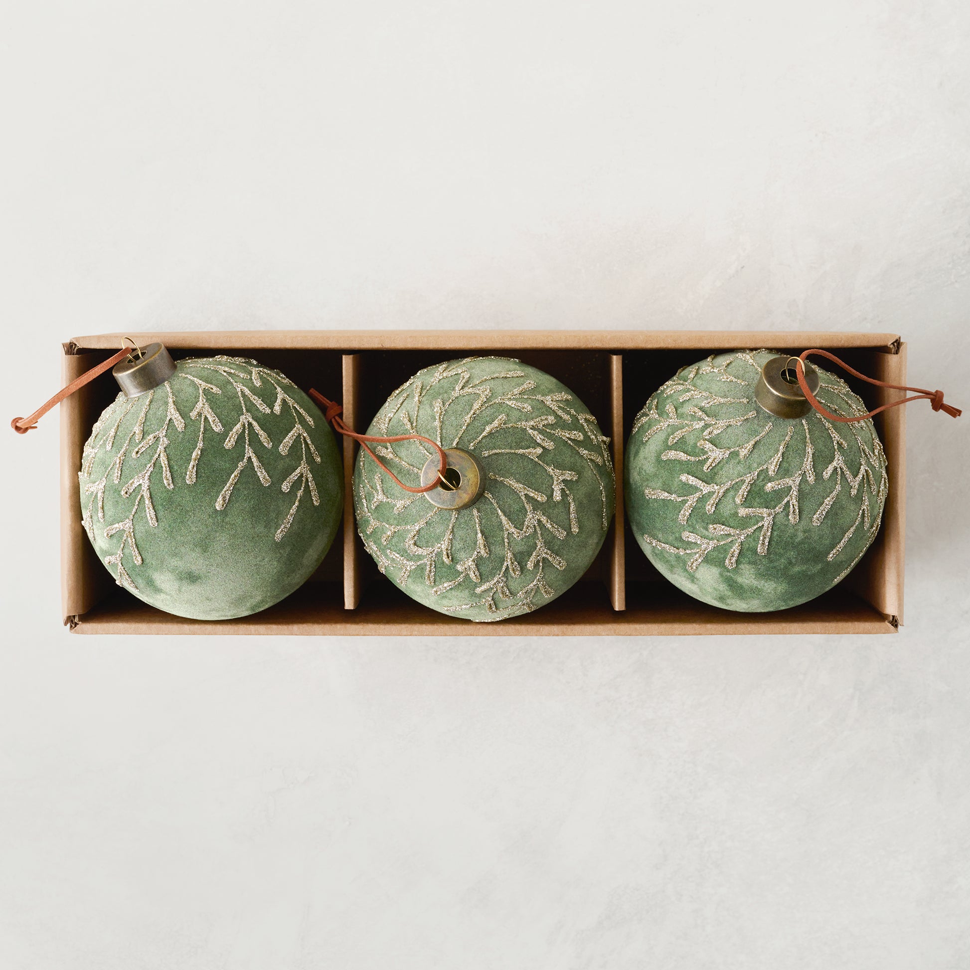Flocked Floral Glitter Ornament, Set of 3 in sage green color shown in box
