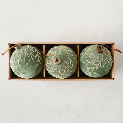 Flocked Floral Glitter Ornament, Set of 3 in sage green color shown in box