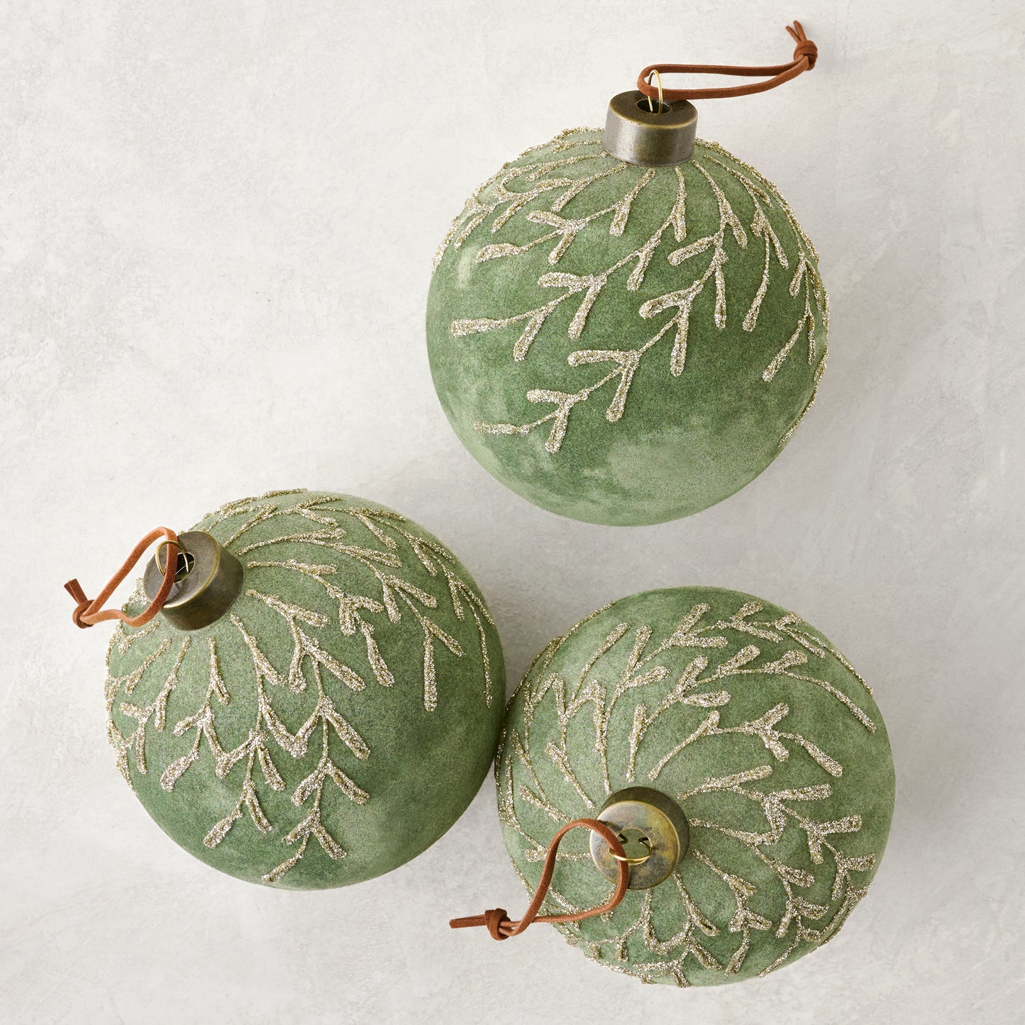 Flocked Floral Glitter Ornament, Set of 3 in sage green color