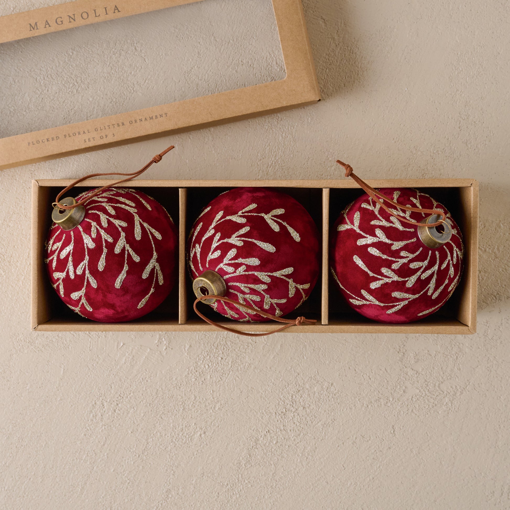 Syrah Flocked Floral Glitter Ornament, Set of 3 shown in box
