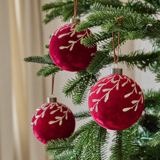 Syrah Flocked Floral Glitter Ornament, Set of 3