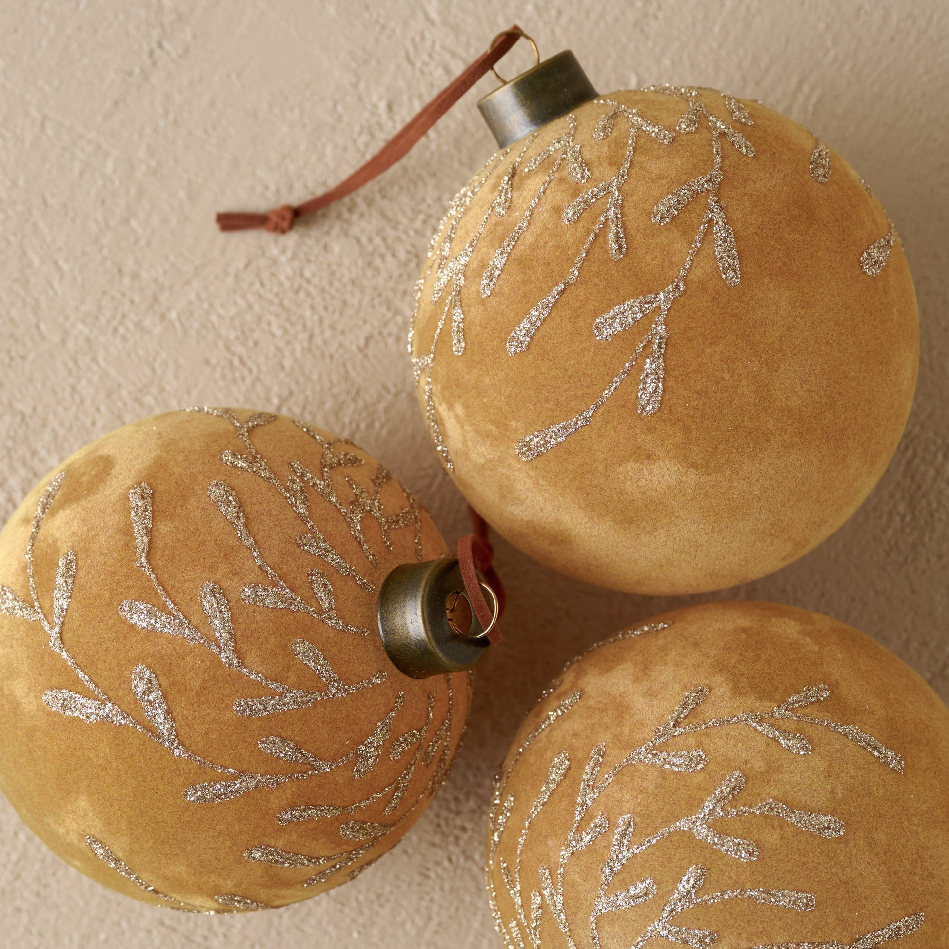Amber Flocked Floral Glitter Ornament, Set of 3 up close