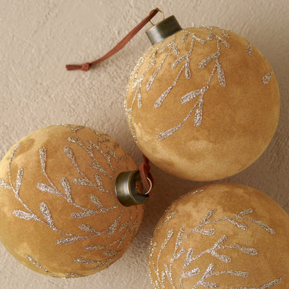 Amber Flocked Floral Glitter Ornament, Set of 3 up close
