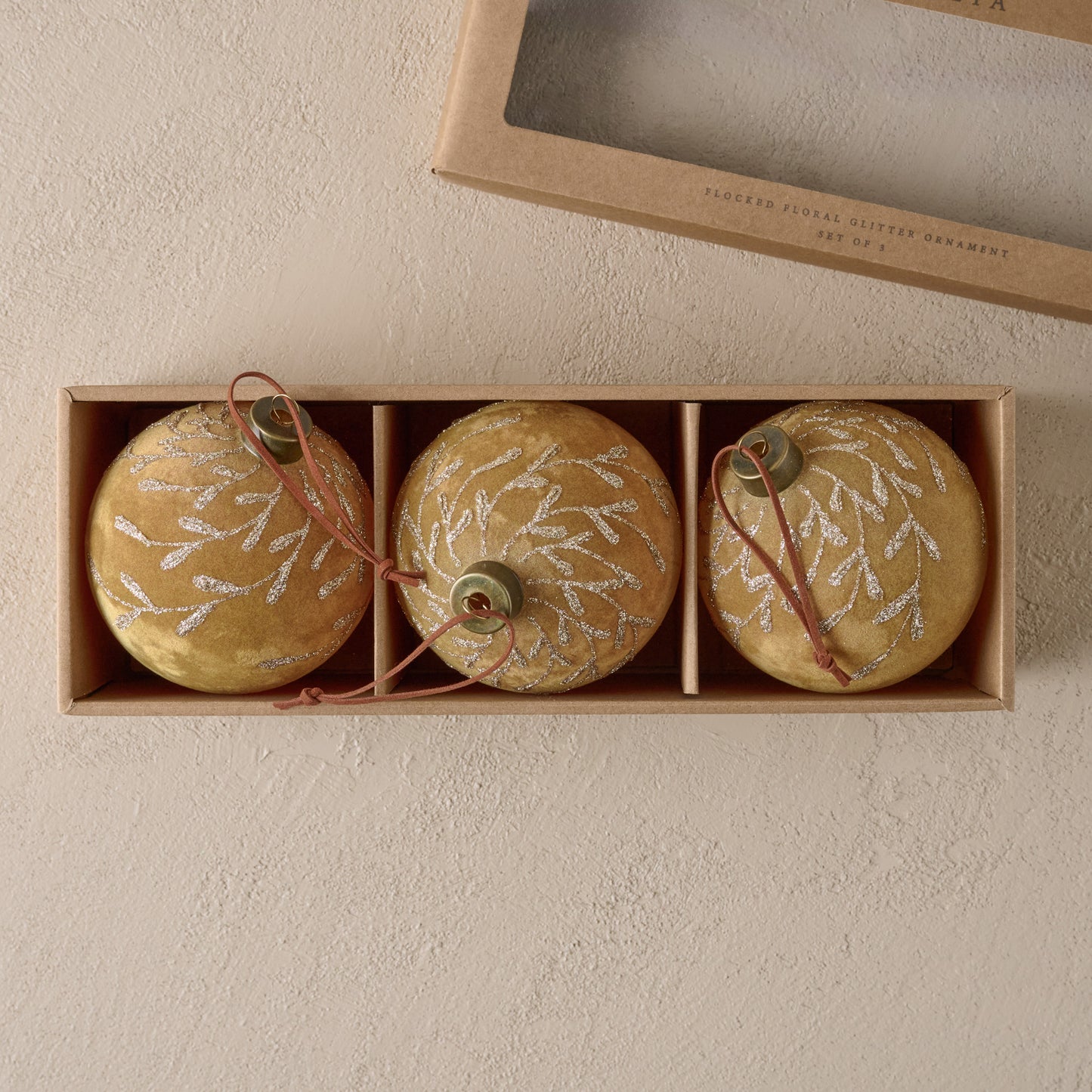 Amber Flocked Floral Glitter Ornament, Set of 3 shown in box