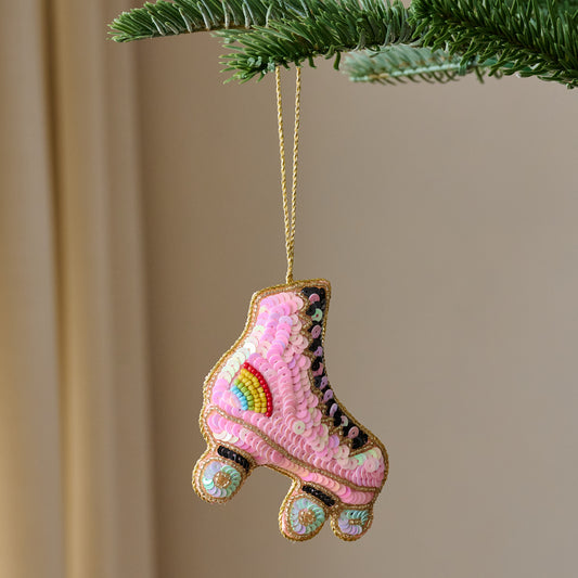 Retro Roller Skate Ornament shown hung from tree
