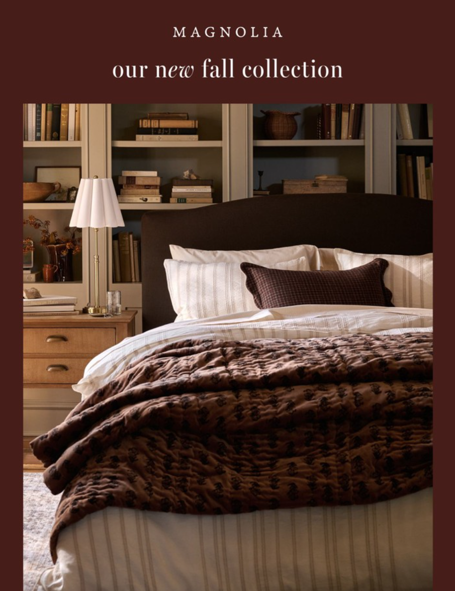 A styled bedroom scene featuring a bed dressed in layered bedding, including a textured dark brown throw blanket, cream striped pillows, and a dark brown headboard. The room has built-in shelves with books, a bedside table with a lamp, and a rug.