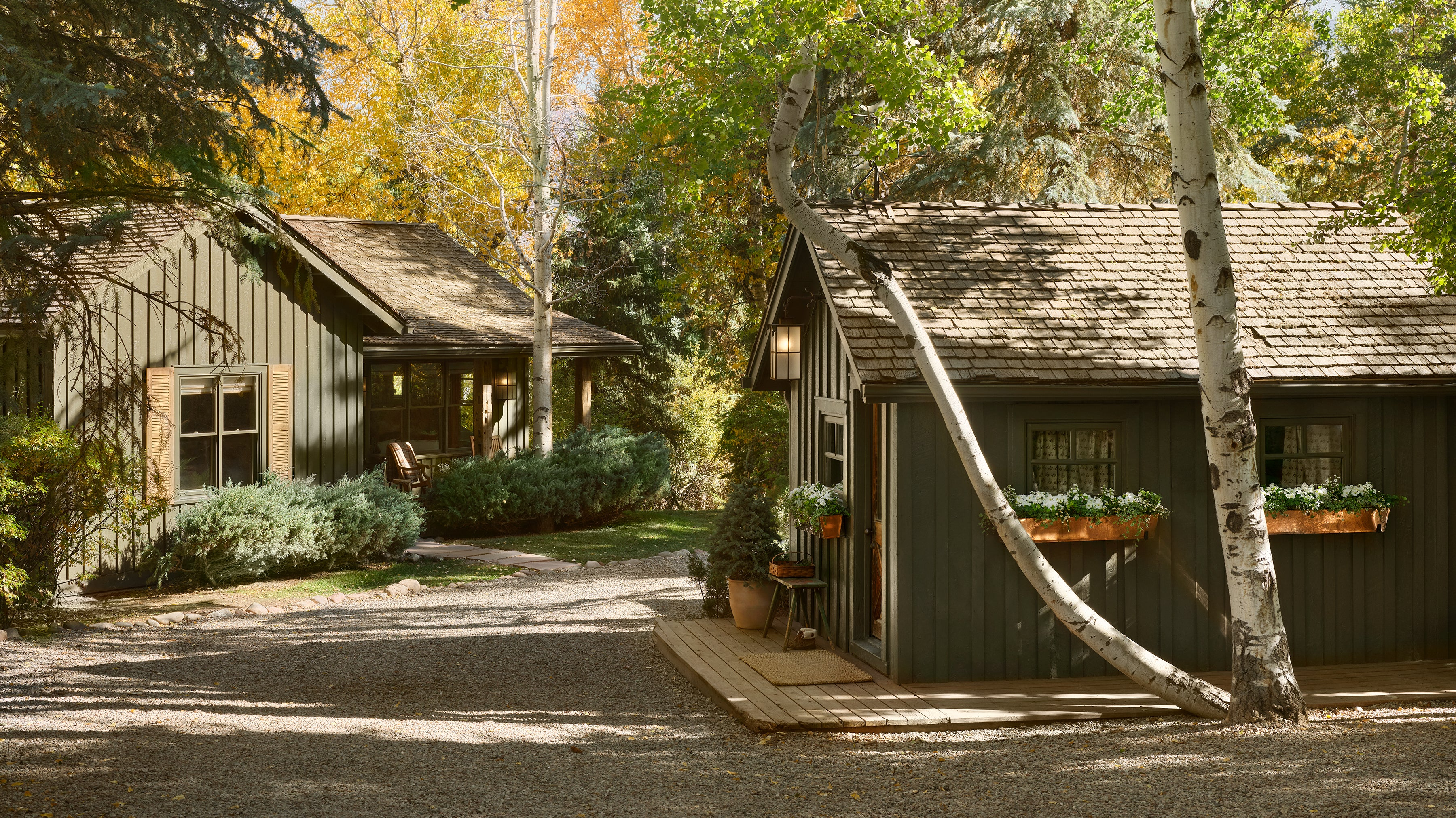 Two rustic wooden cabins surrounded by trees with autumn foliage.