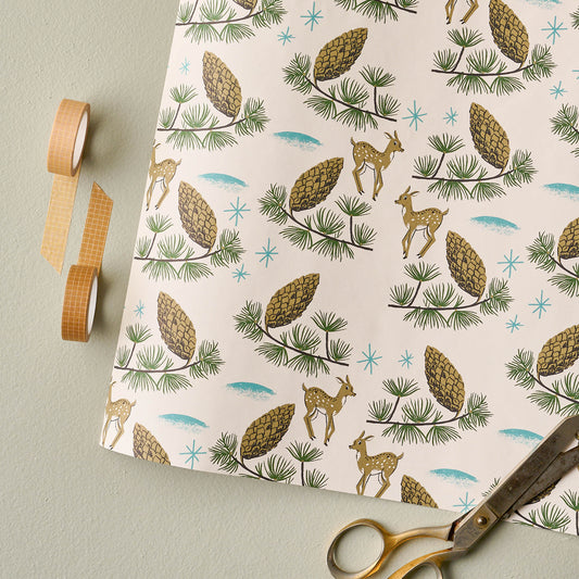 Deer and Pinecones Wrapping Paper Sheets with scissors and tape