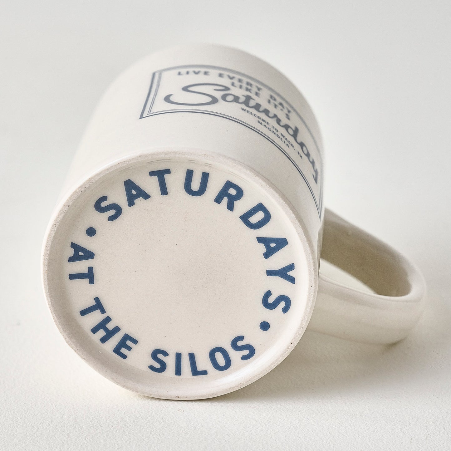 No.16 Saturday at the Silos Stoneware Mug bottom of mug showing "Saturdays at the Silos"