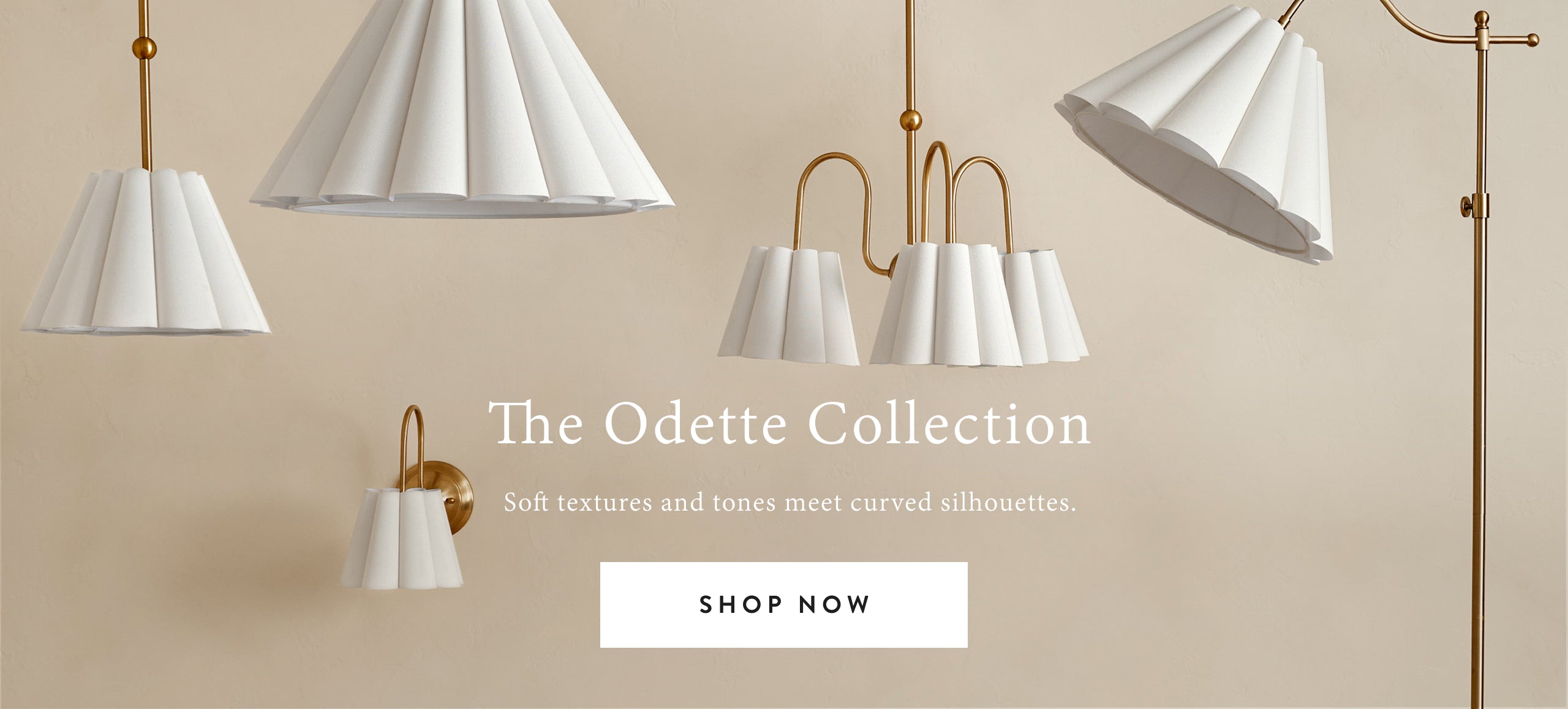 Odette Collection of white pendant lights on a beige background with 'Shop Now' button.