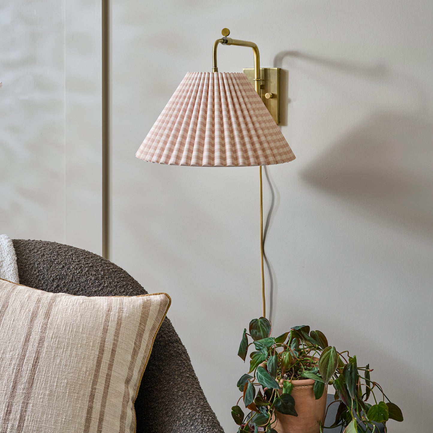Odette Swivel Plug-In Sconce with Tan Gingham Shade