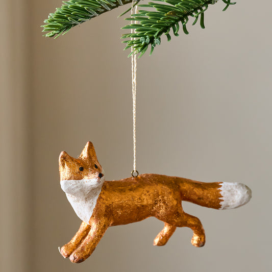 Hand Crafted Fox Ornament shown hung from tree