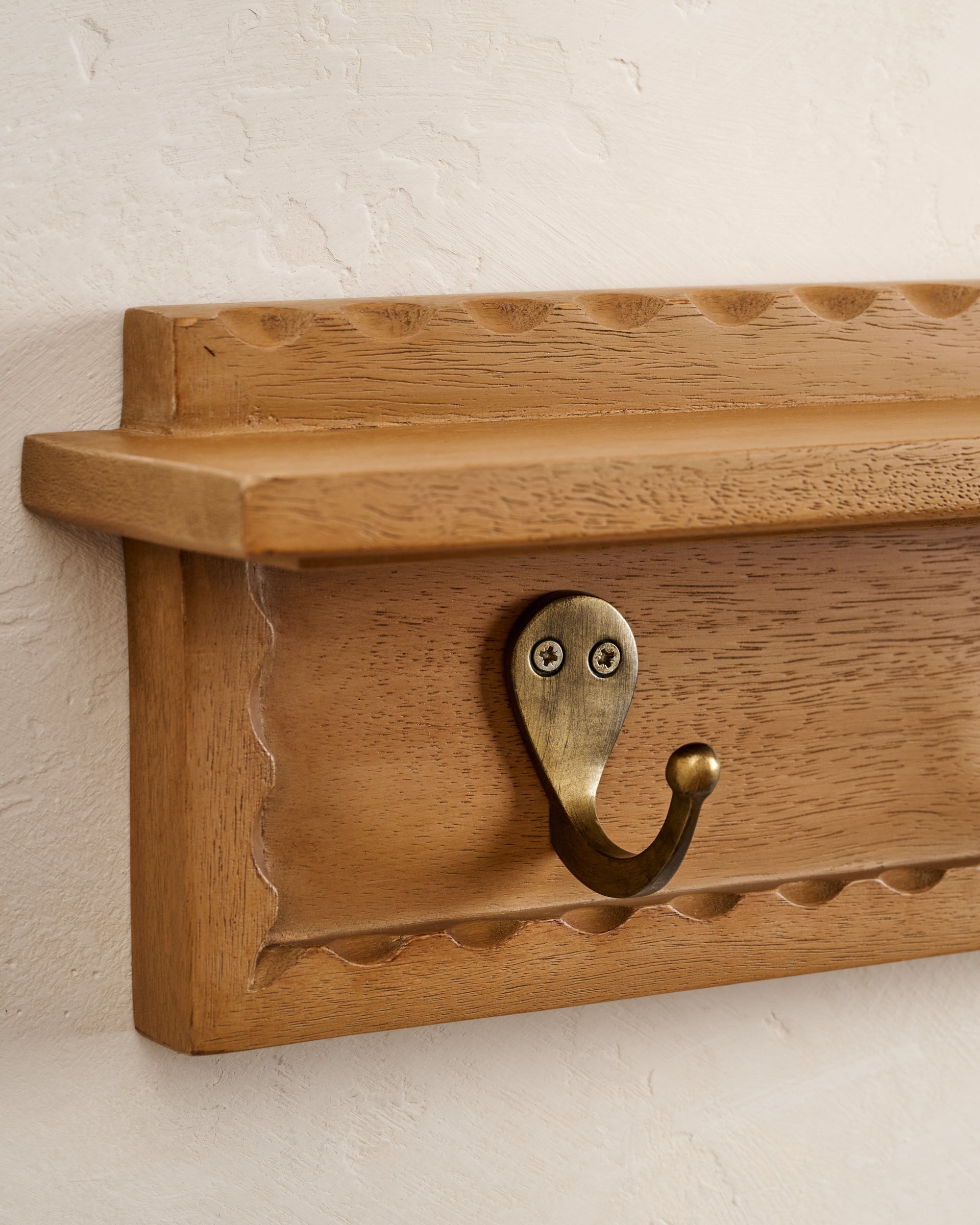 Wade Wood Wall Shelf with Hooks up close