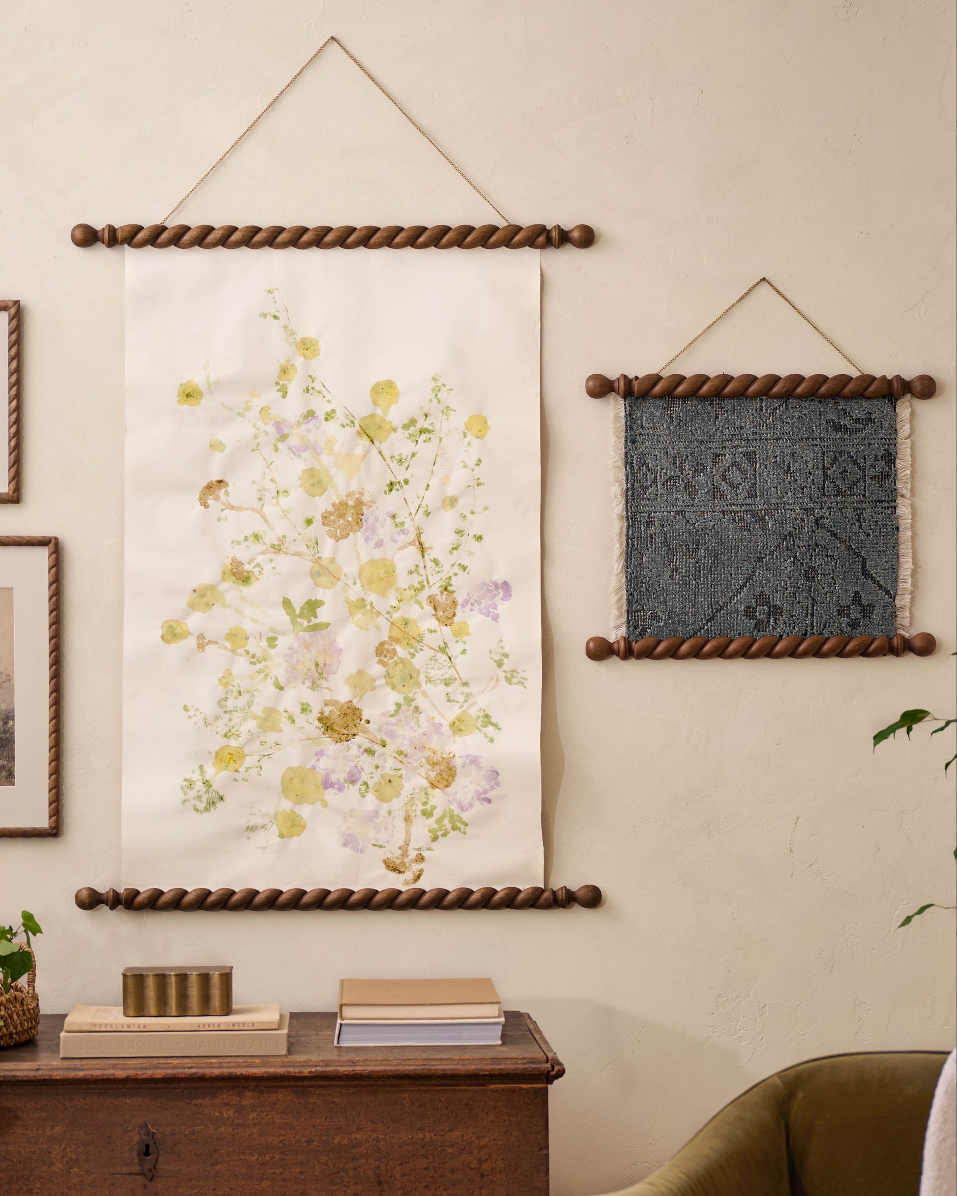 Turned Wood Poster Hanger Kit styled on wall